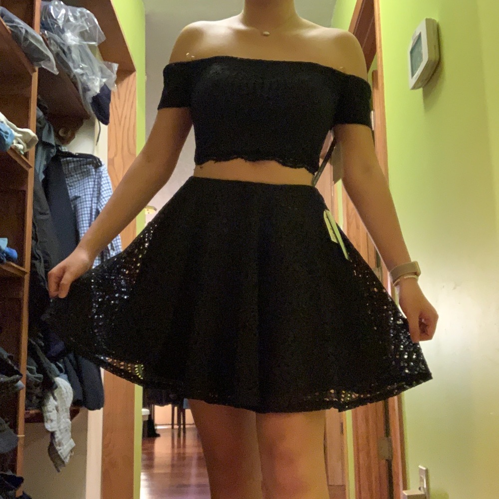 Two piece black lace off the shoulder dress